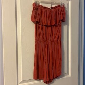 Cozy stylish pinkish rust off the shoulder Romper. Comfortable soft material.
